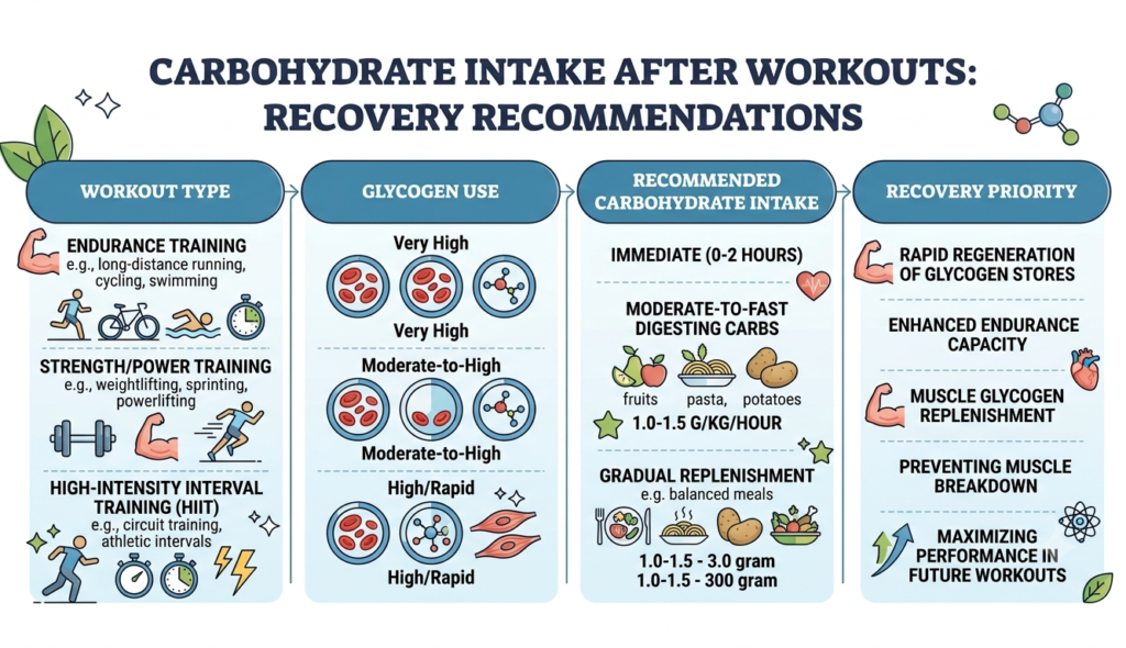 Comparison chart showing recommended carbohydrate intake after different workout types.
