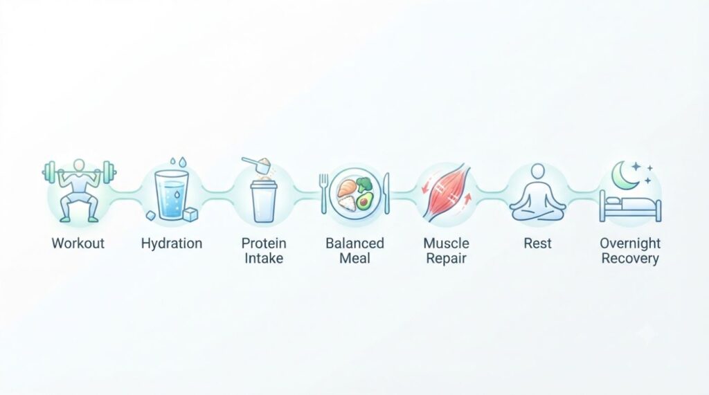 Timeline illustrating post-workout recovery from exercise through protein intake and muscle repair.