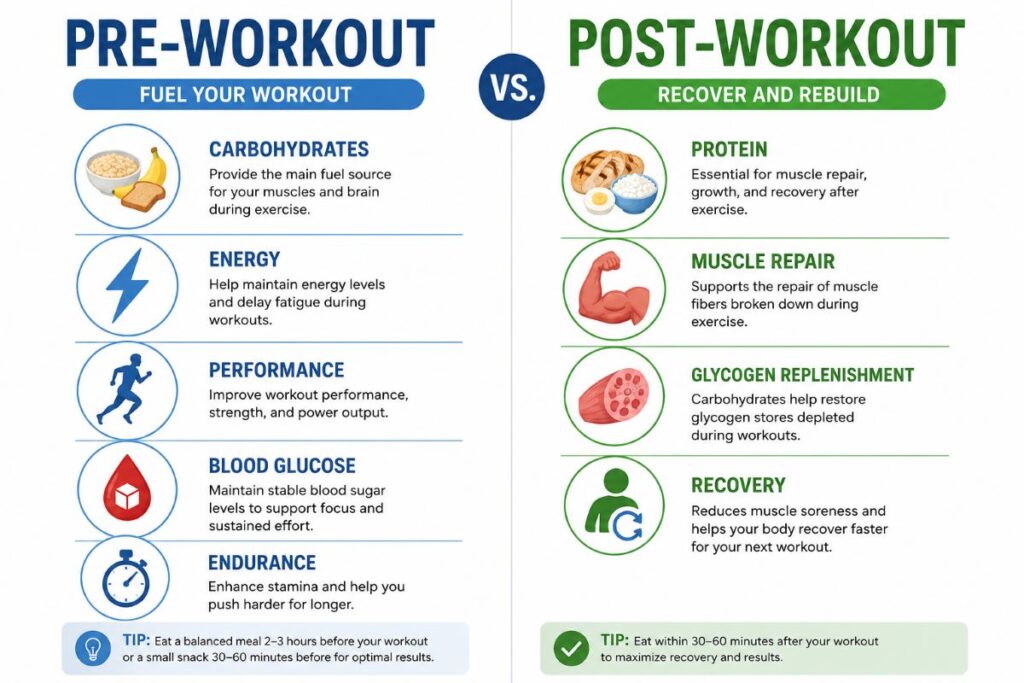 Comparison infographic of pre-workout and post-workout nutrition