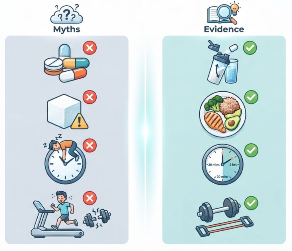 Illustration representing common myths and evidence about protein shakes and whole-food recovery meals.