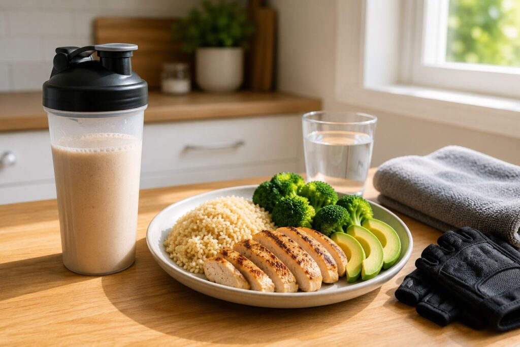 Protein shakes vs. whole foods after a workout shown side by side with a balanced recovery meal and protein shake.