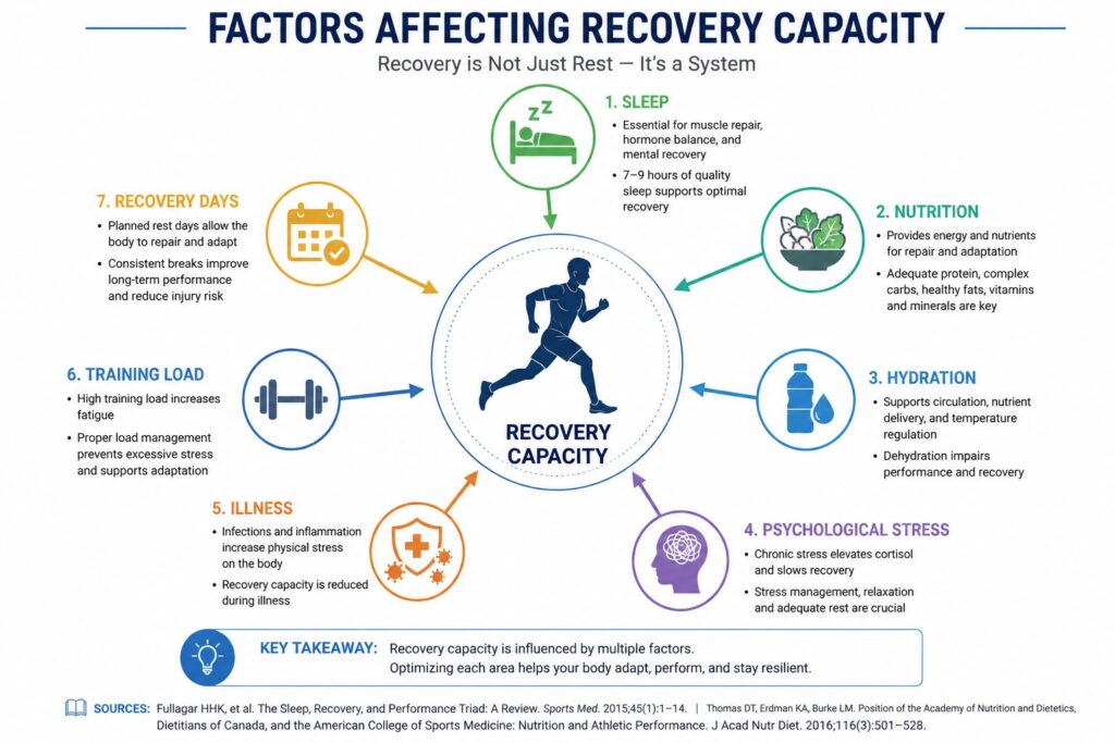 Lifestyle and recovery factors that influence training recovery.