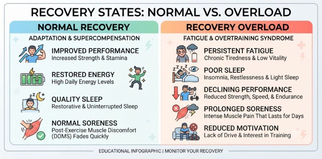 Comparison infographic showing normal recovery and signs of recovery overload.