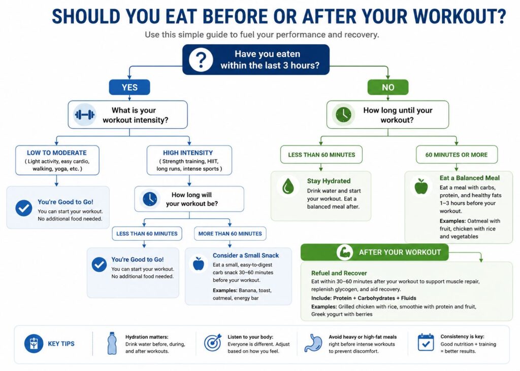 Decision flowchart for choosing whether to eat before or after a workout