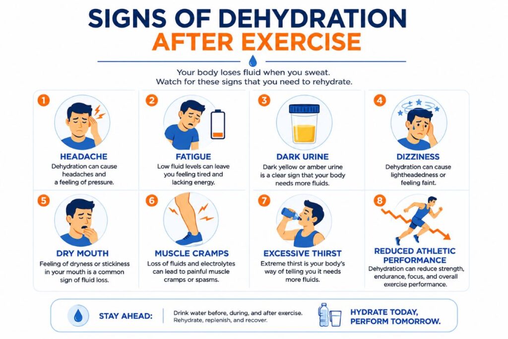 Signs of dehydration may affect muscle recovery after exercise.