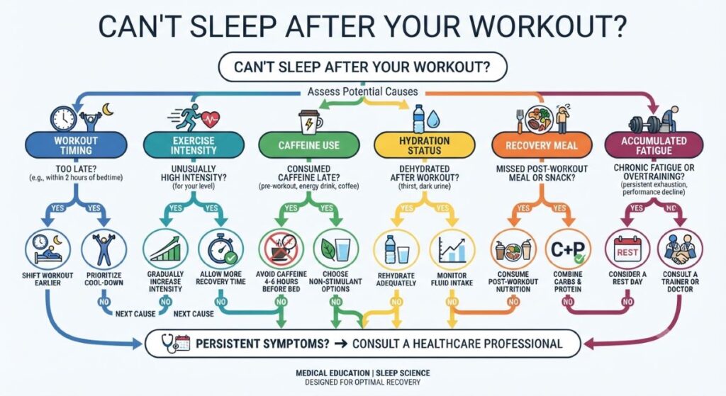 Decision tree helps readers identify why they can't sleep after a workout.