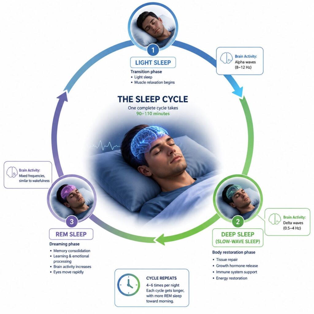 Sleep stages illustrating deep sleep muscle recovery and REM sleep
