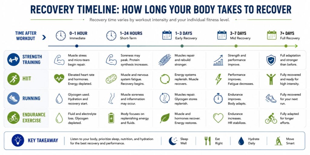 Workout recovery timeline for different types of exercise