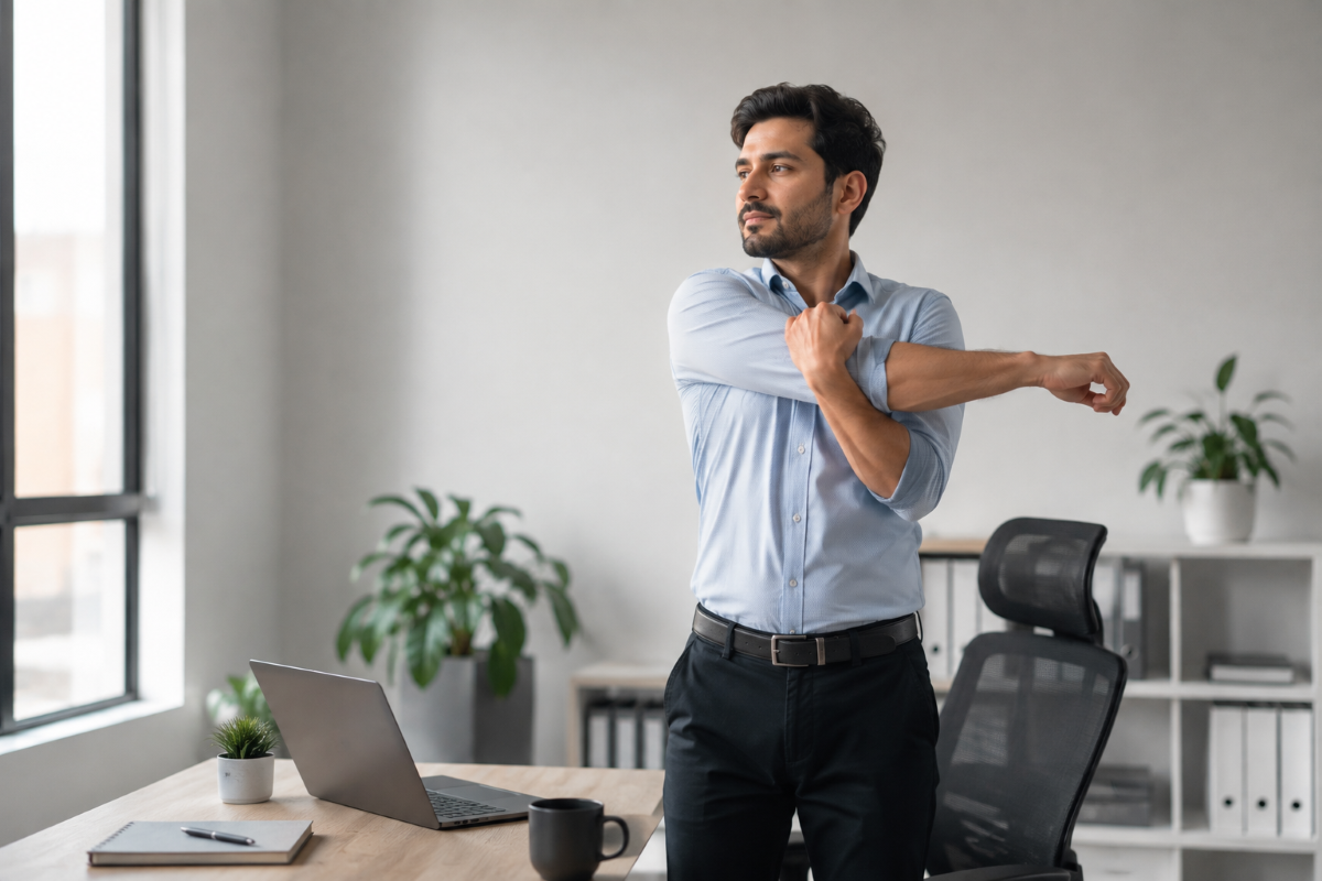 Office worker standing after prolonged sitting to illustrate the body's gradual adaptation.