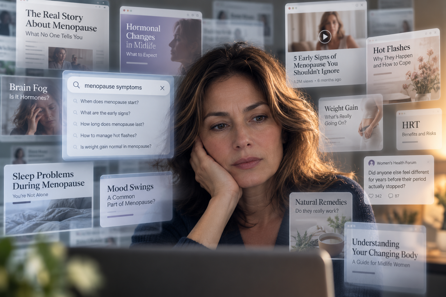 Woman reflecting on fear of menopause while surrounded by information about menopause