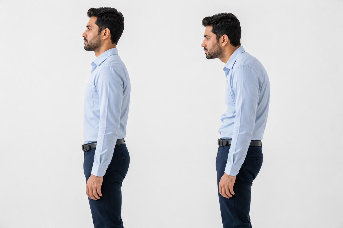 Comparison showing forward head posture and rounded shoulders developing from prolonged sitting.