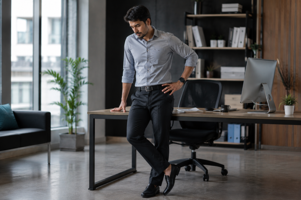 Person standing after sitting all day with heavy-feeling legs