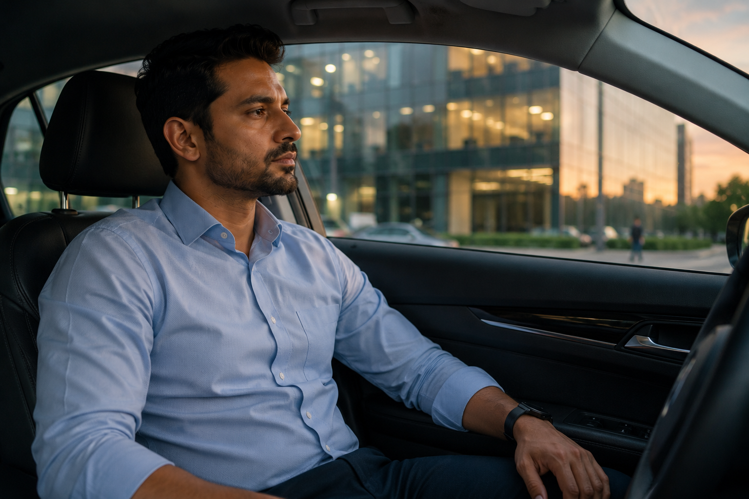 Office worker quietly reflecting after a mentally demanding day at a desk.