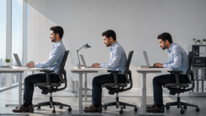 How long sitting changes your posture through gradual forward head posture and rounded shoulders over time.