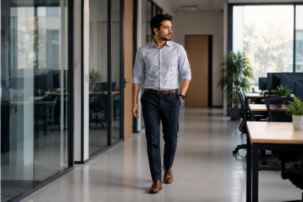Office worker walking after prolonged sitting and feeling more comfortable