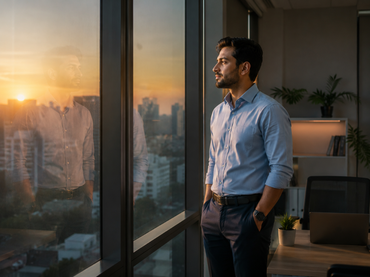 Office worker reflecting on posture after a long day of sitting.