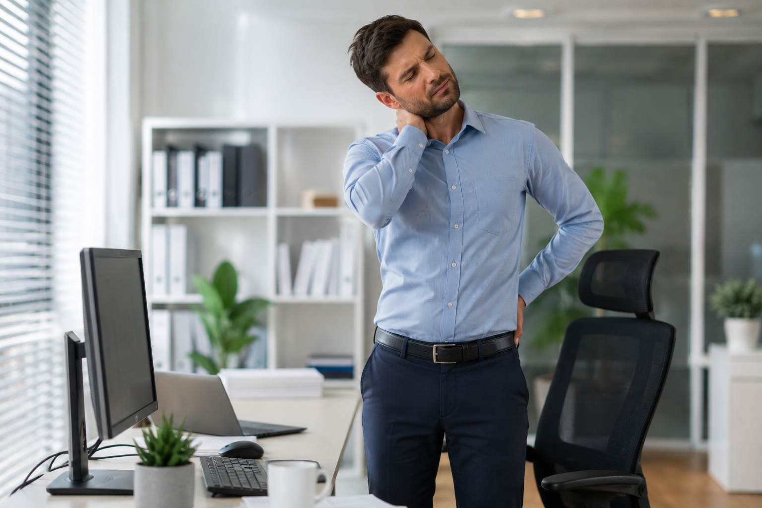 Office worker stretching after experiencing stiffness from prolonged sitting