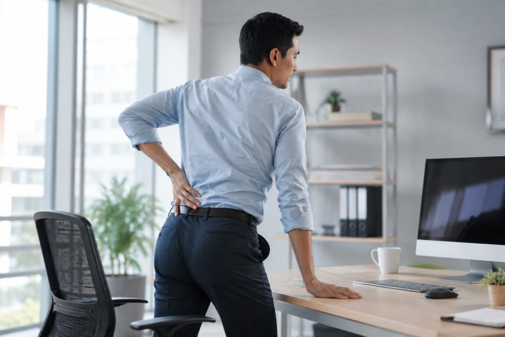 Office worker experiencing stiffness after standing from prolonged sitting