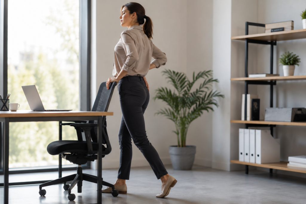 Person standing after prolonged sitting with tight hips and restricted movement