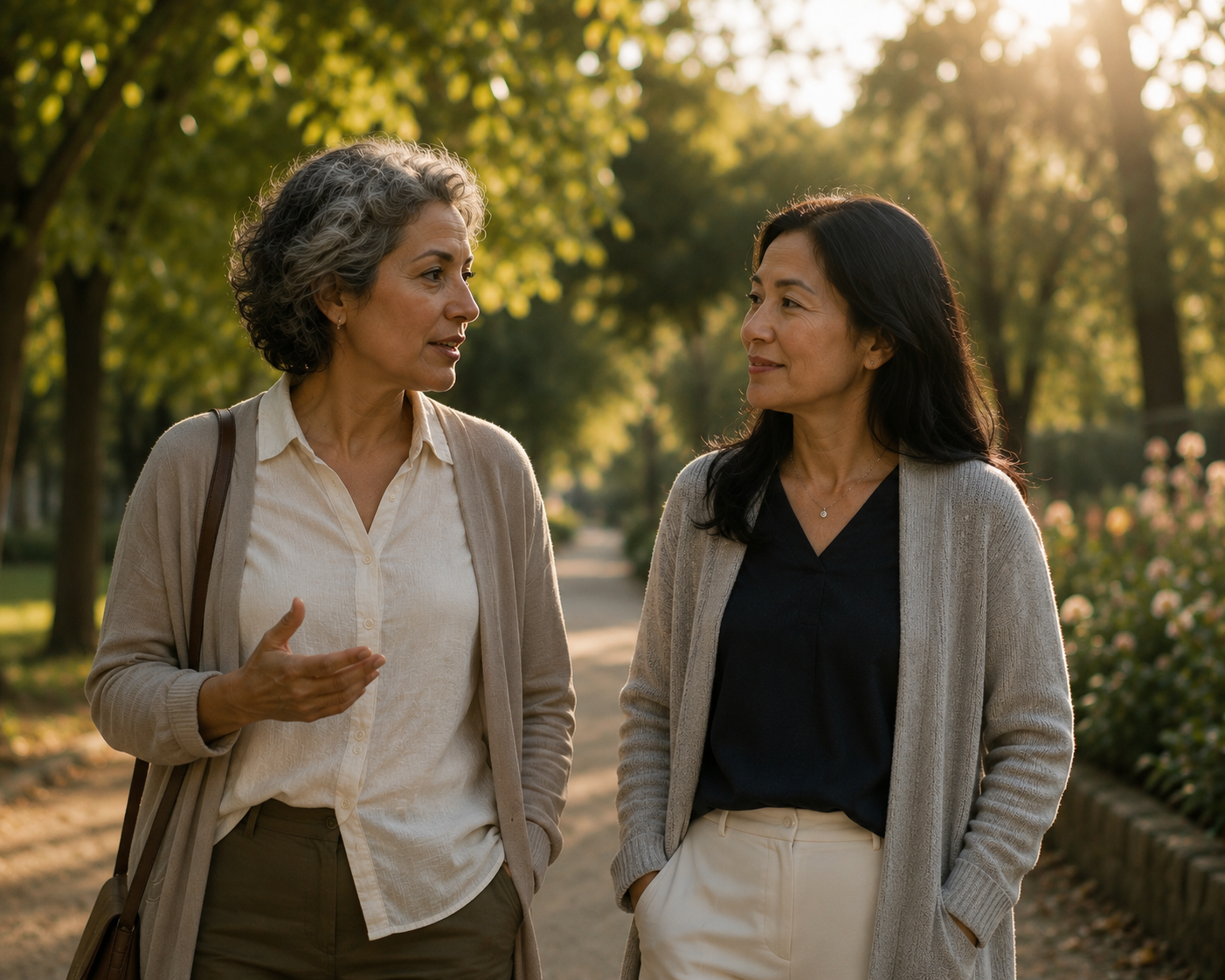 Two women talking together about menopause during a walk in the park